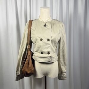 Chic Linen Blend Cropped Military Style Jacket Khaki Double Breasted